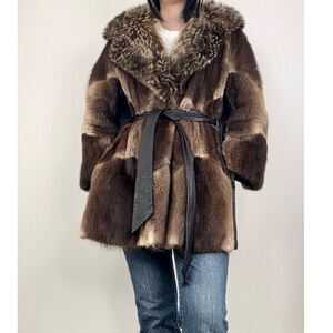 Vintage Belted Real Fur Coat Muskrat Fur Coat with  Racoon Collar